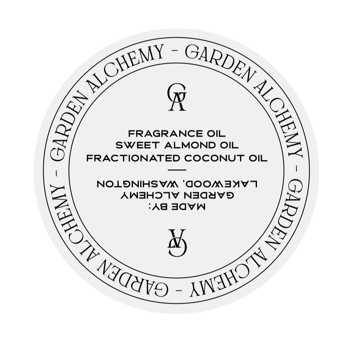 A round label reads GARDEN ALCHEMY along the edge. At center: VANILLA AMOUR w/pheromones, featuring fragrance oil, sweet almond oil, and fractionated coconut oil—an oriental gourmand vanilla scent made in Lakewood, Washington.