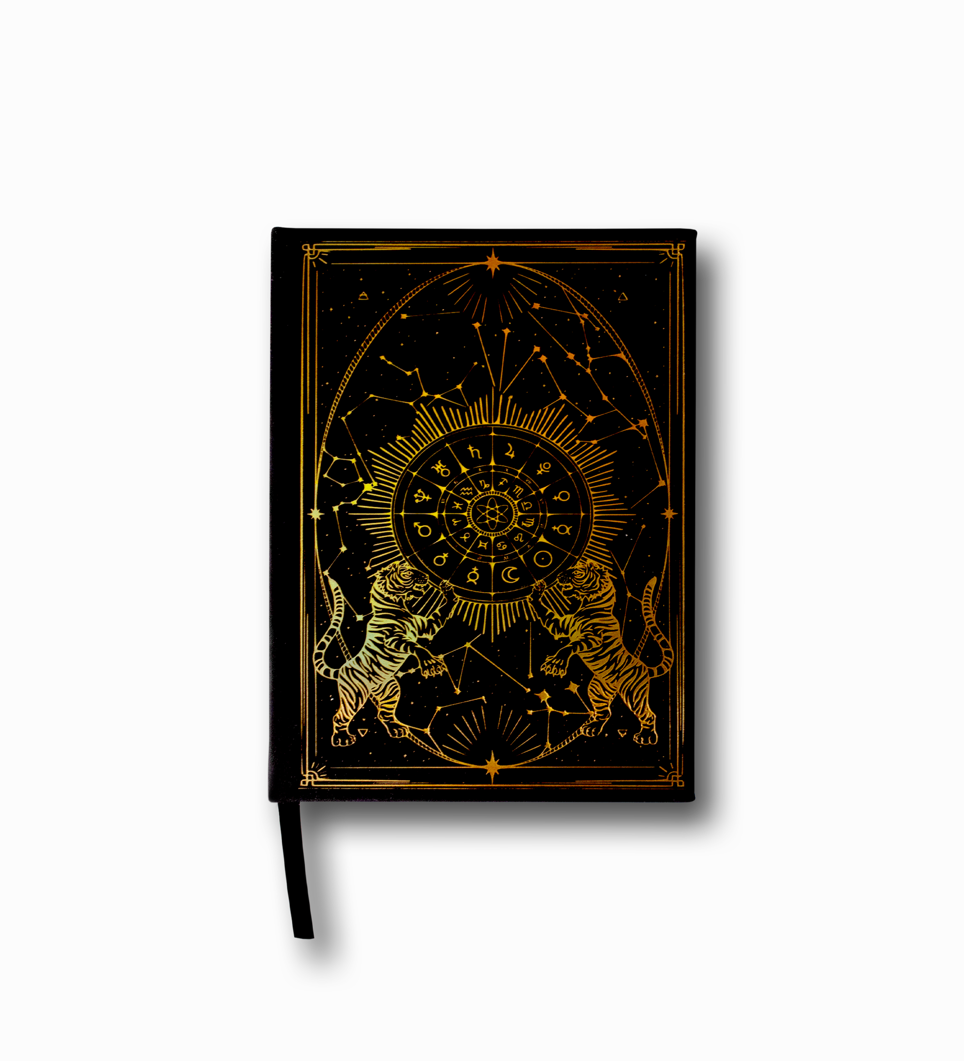 THE ALCHEMIST JOURNAL by GARDEN ALCHEMY is an A5 black vegan leather journal featuring a gold-foil design with two tigers, a zodiac sun, stars, and celestial motifs. Includes a black ribbon bookmark—ideal as a manifestation journal.