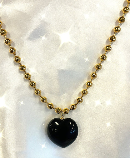 BLACK OBSIDIAN BALL CHAIN HEART NECKLACE-purification, fulfillment, new beginnings, outer manifestation