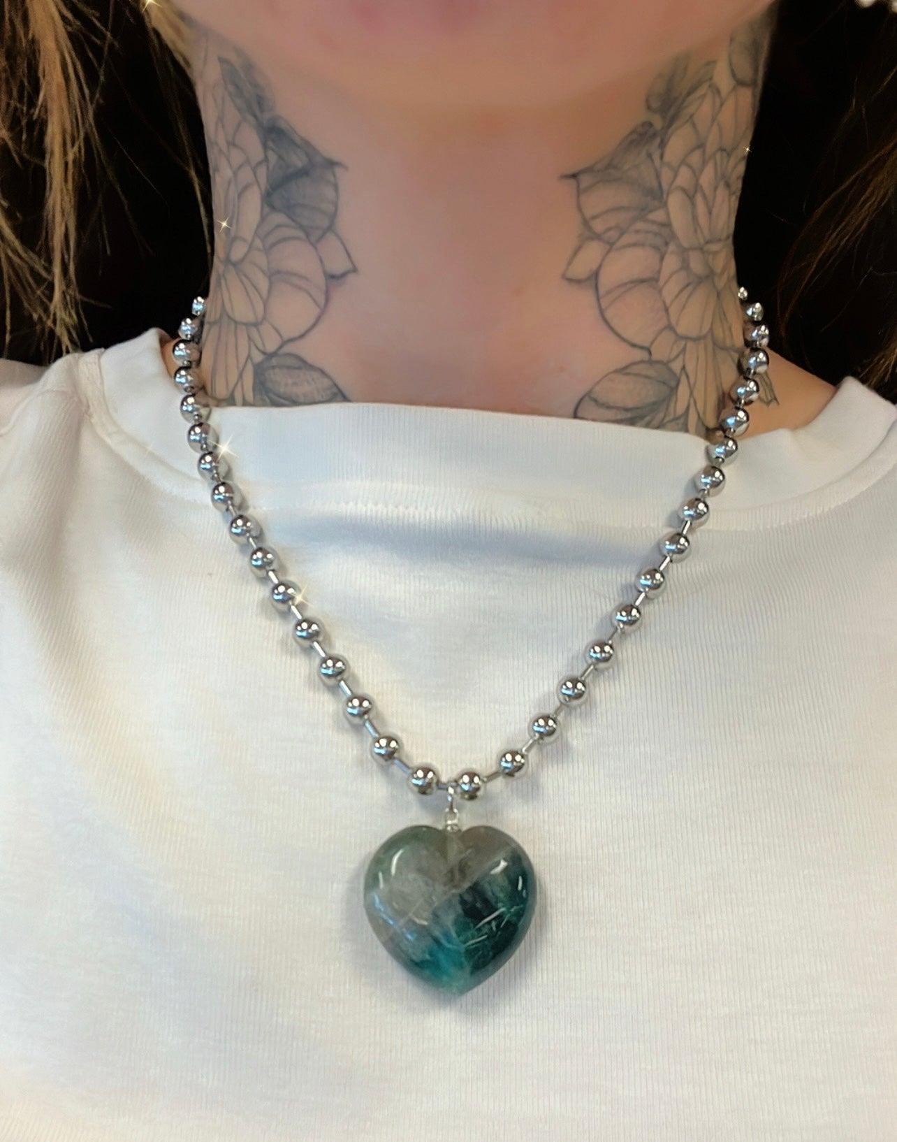 PURPLE FLUORITE BALL CHAIN HEART NECKLACE- prevent weight gain, defuse negativity & protect your aura