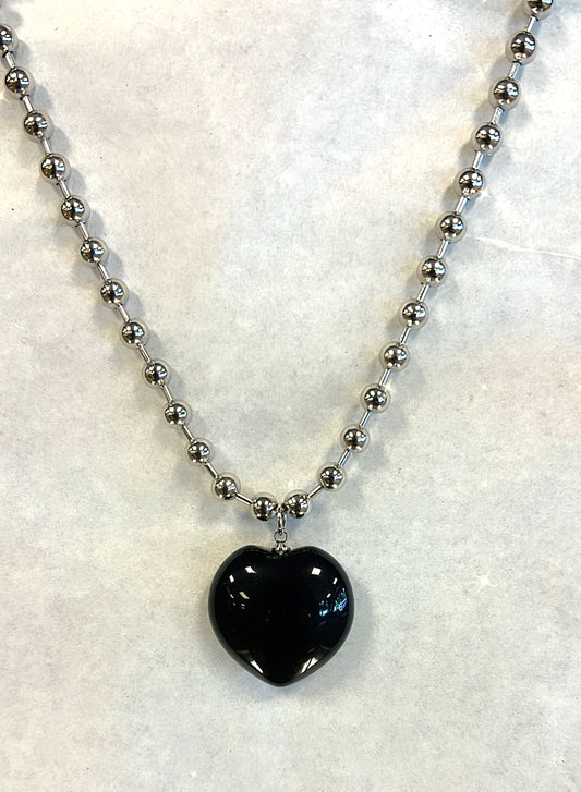 BLACK OBSIDIAN BALL CHAIN HEART NECKLACE-purification, fulfillment, new beginnings, outer manifestation